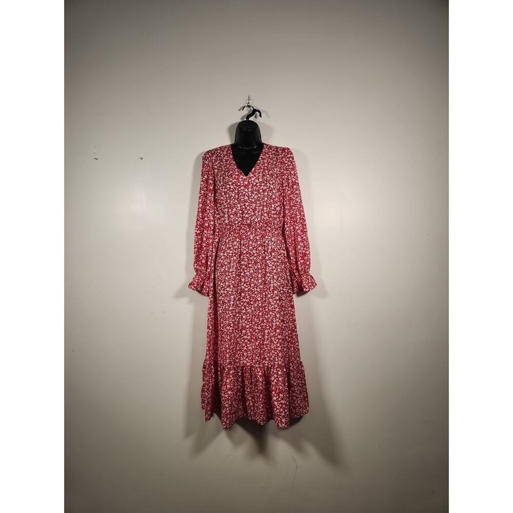 PRETTY GARDEN Long Sleeve Midi Dress Womens S Red White Floral Cottagecore‎ Boho